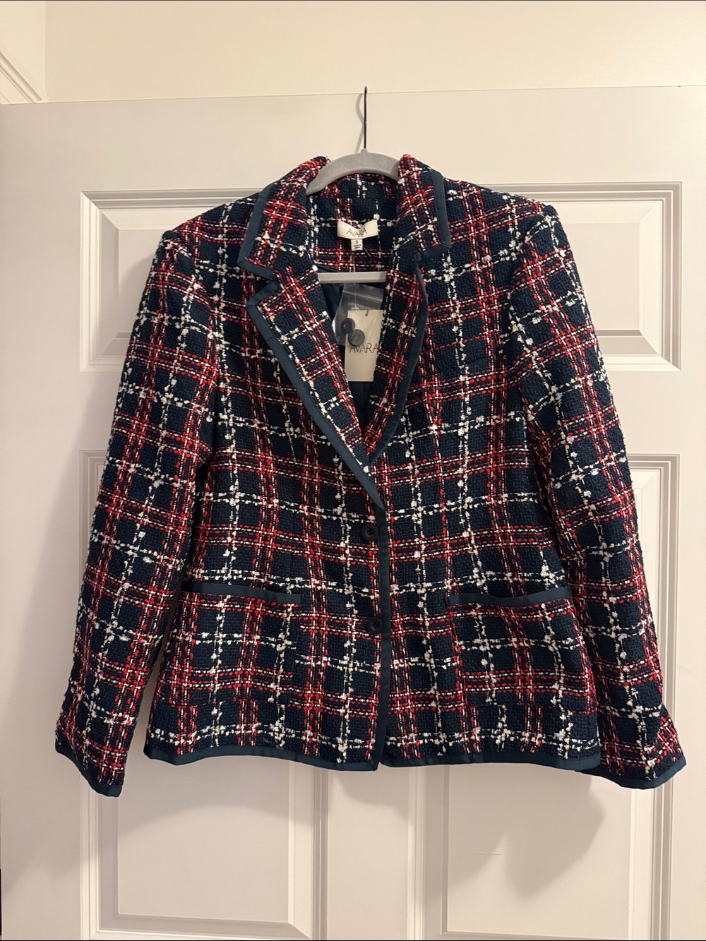 Plaid Tweed Blazer Jacket in Navy, Red & White